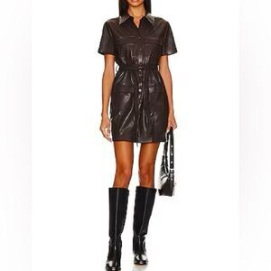 New House of Harlow 1960 Sarai Black Faux Leather Mini Shirt Dress size medium